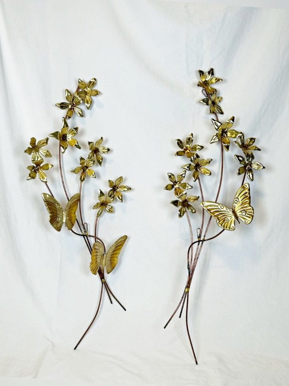Vintage Set of 2 Homco 26" Brass Gold Tone Metal Butterfly Flower Wall Decor